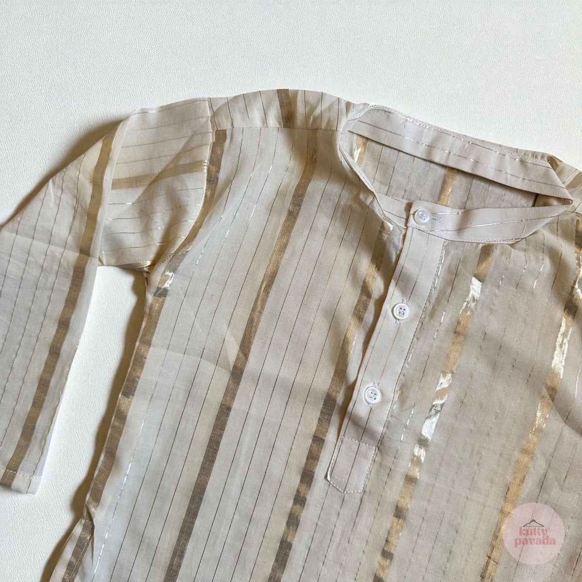 Boys Off-white Cotton Kurta with Golden Stripes