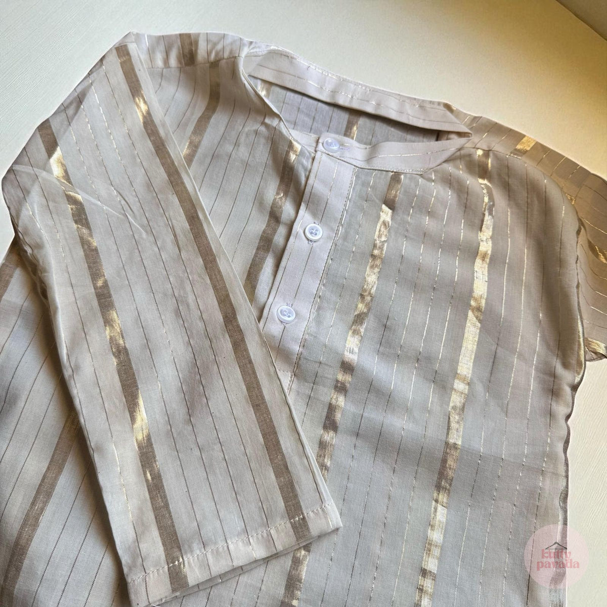 Boys Off-white Cotton Kurta with Golden Stripes