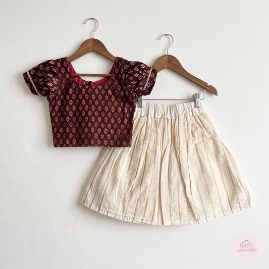 Brown Cotton Brocade and White Baby Skirt and Top Set