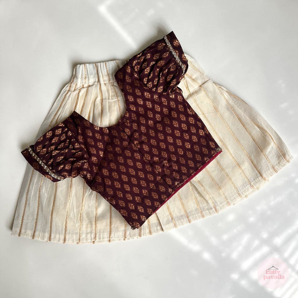 Brown Cotton Brocade and White Baby Skirt and Top Set