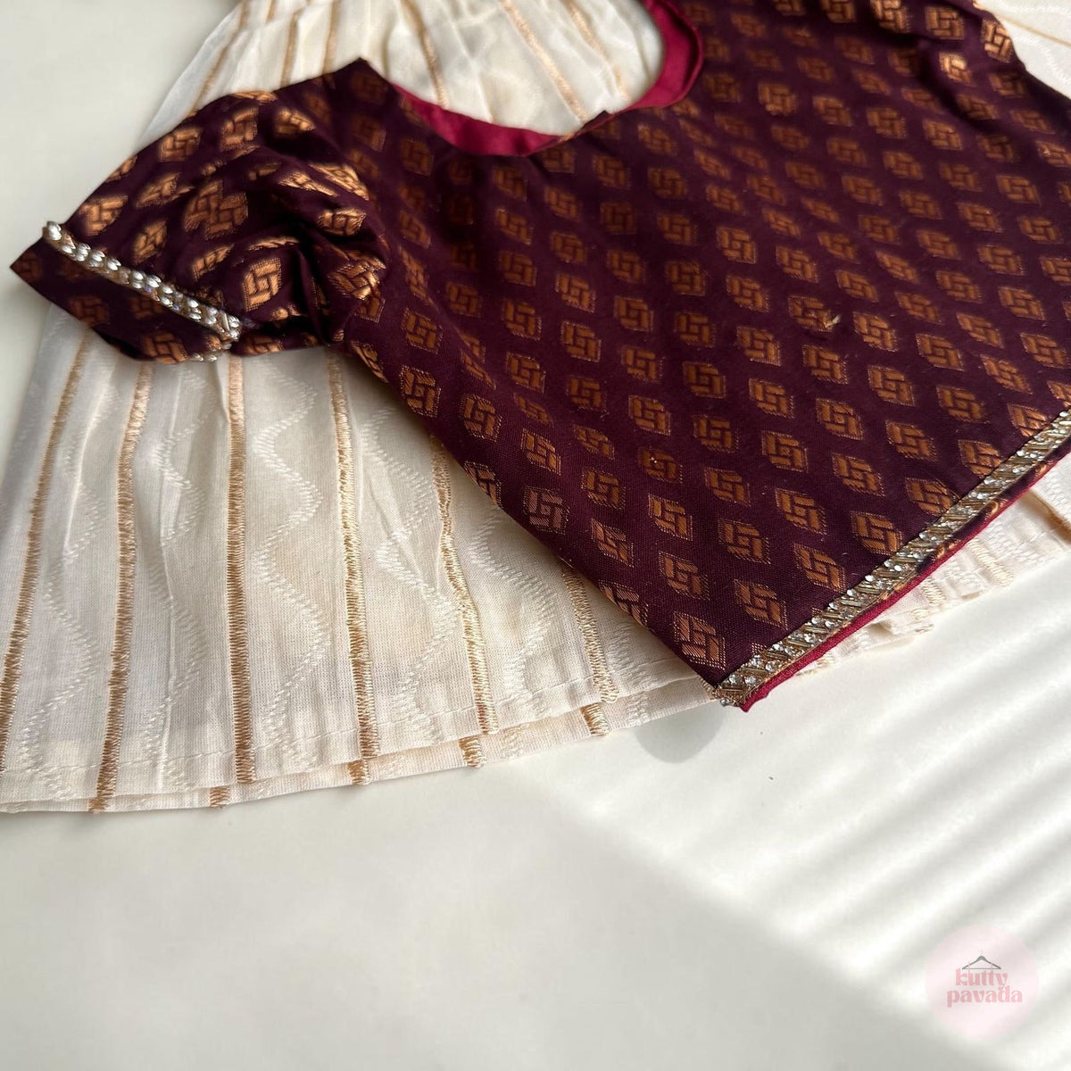 Brown Cotton Brocade and White Baby Skirt and Top Set
