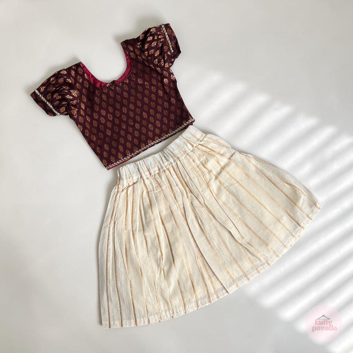 Brown Cotton Brocade and White Baby Skirt and Top Set