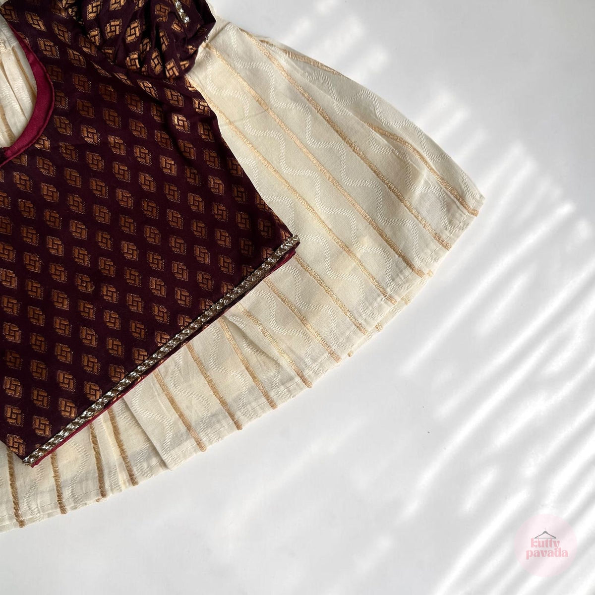 Brown Cotton Brocade and White Baby Skirt and Top Set