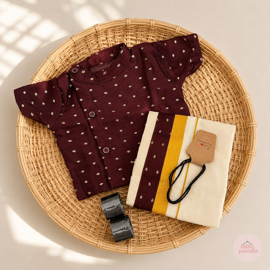 Brown Kurta & Mundu Noolukettu Set