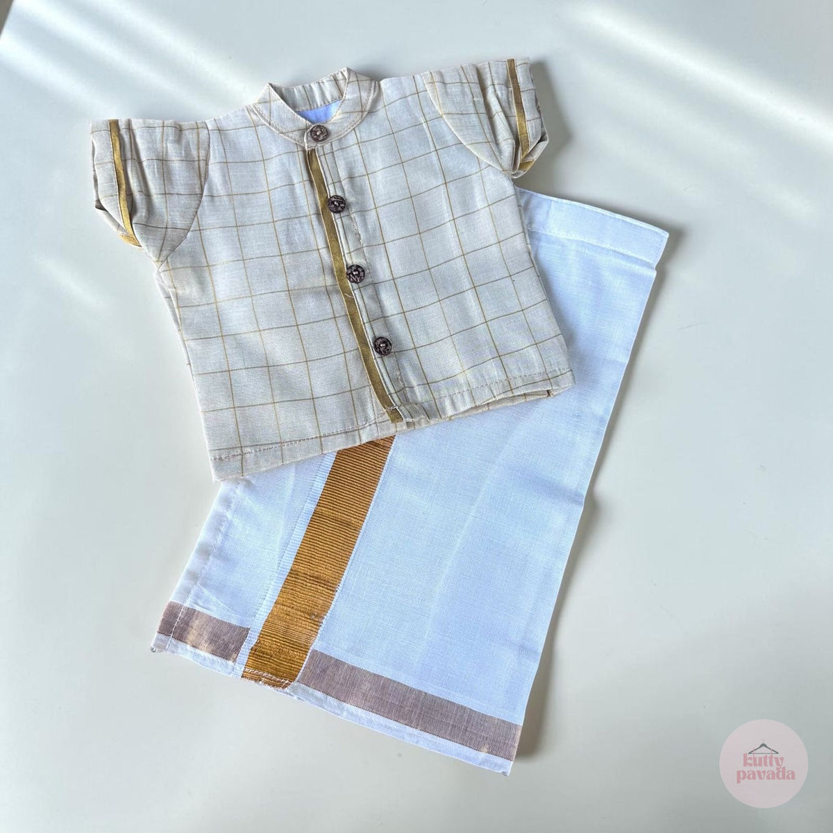Checkered Baby Shirt and Kasavu Mundu Set