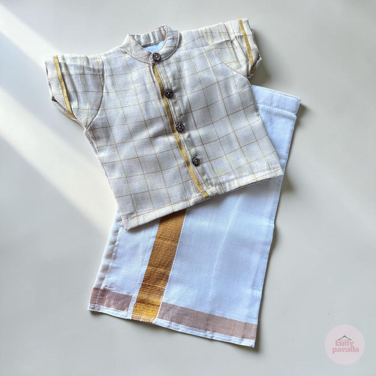 Checkered Baby Shirt and Kasavu Mundu Set