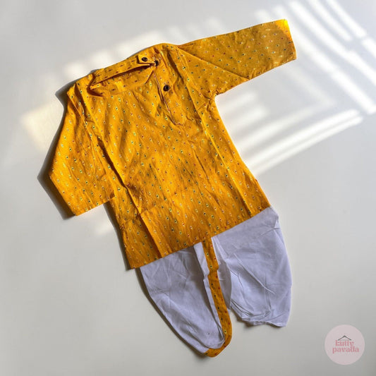 Yellow Weaved Cotton Kurta & White Dhoti Pants