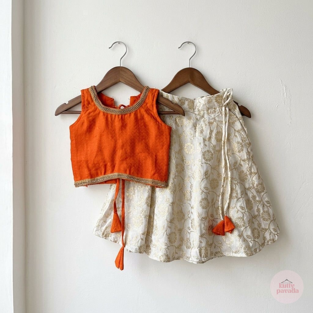 Cream & Gold Umbrella Skirt with Textured Orange Blouse