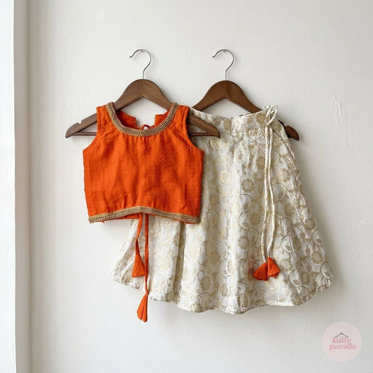 Cream & Gold Umbrella Skirt with Textured Orange Blouse