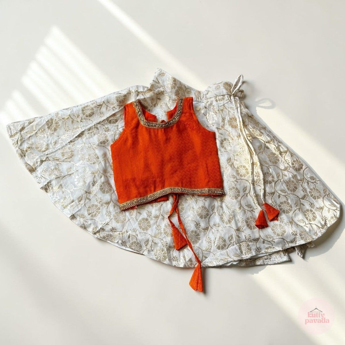 Cream & Gold Umbrella Skirt with Textured Orange Blouse