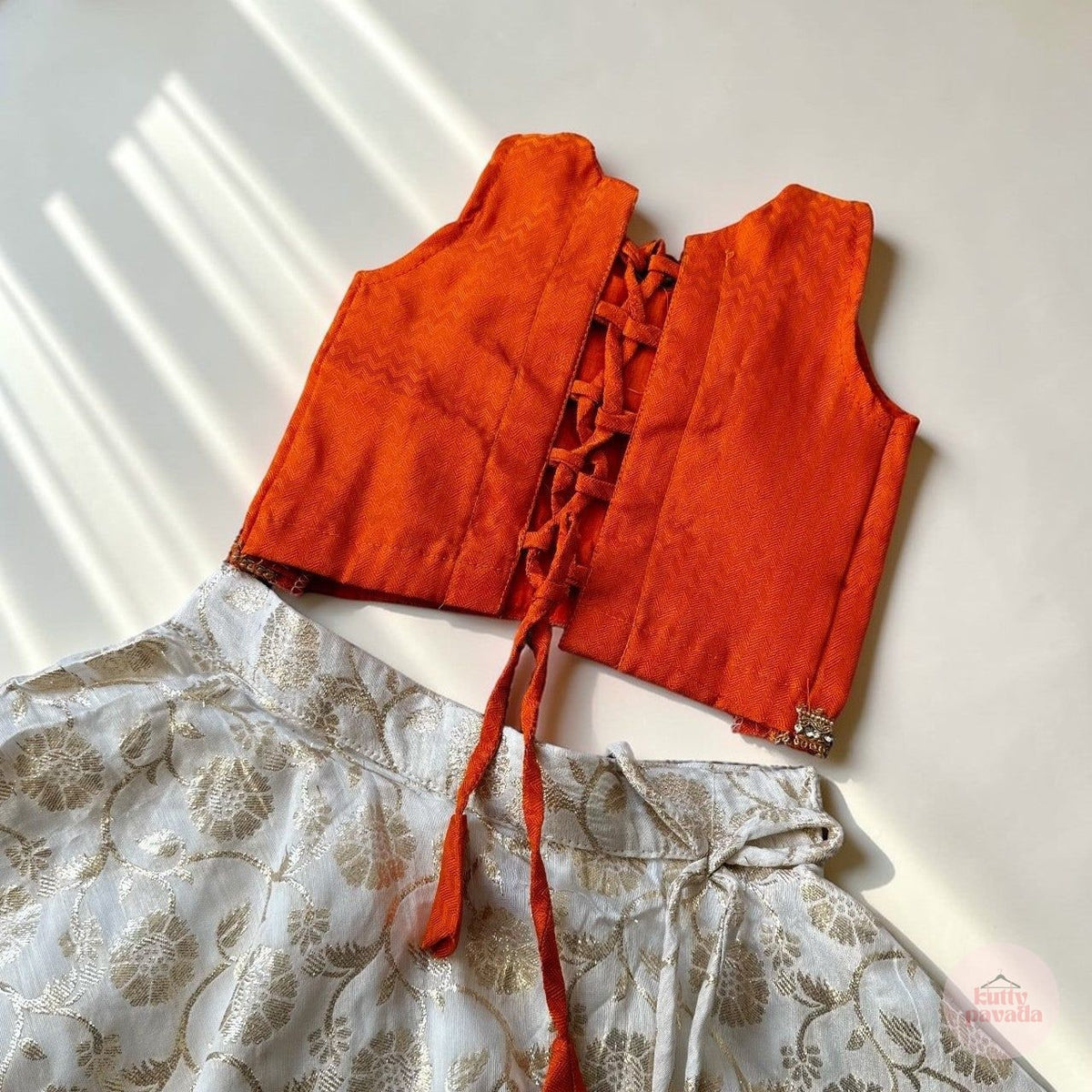 Cream & Gold Umbrella Skirt with Textured Orange Blouse