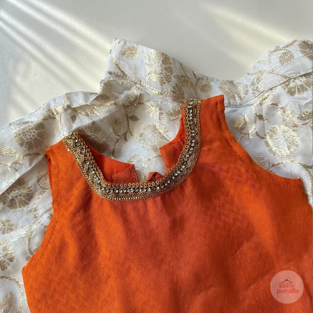 Cream & Gold Umbrella Skirt with Textured Orange Blouse