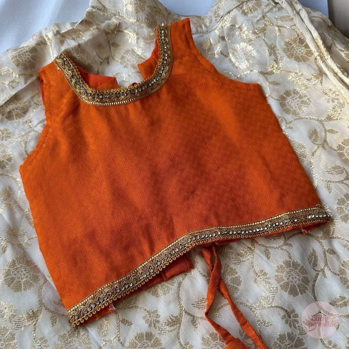 Cream & Gold Umbrella Skirt with Textured Orange Blouse