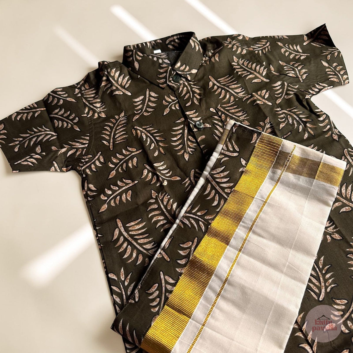 Olive Green Shirt & Mundu Set