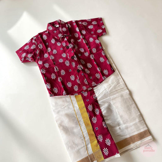 Onam Red Ajrakh Shirt & Kasavu Mundu Set
