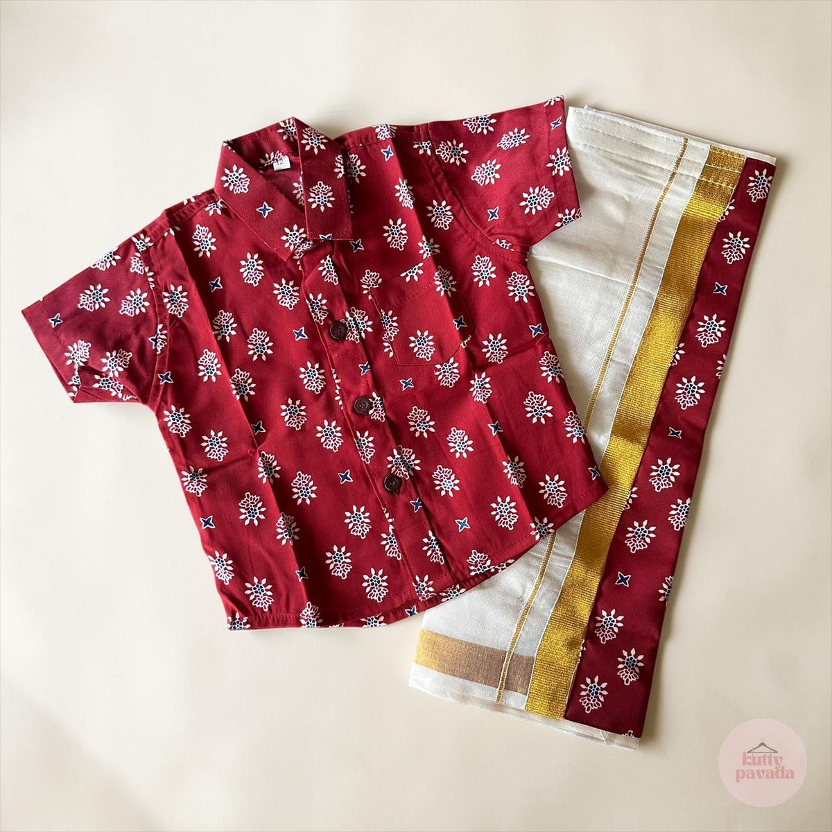 Onam Red Ajrakh Shirt & Kasavu Mundu Set