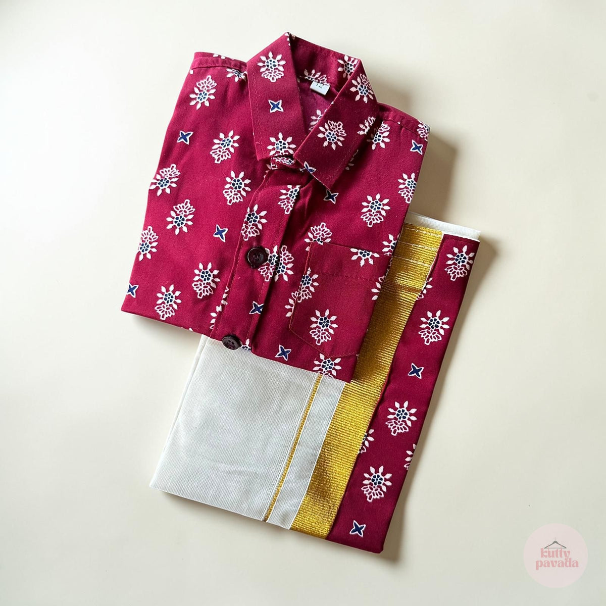 Onam Red Ajrakh Shirt & Kasavu Mundu Set
