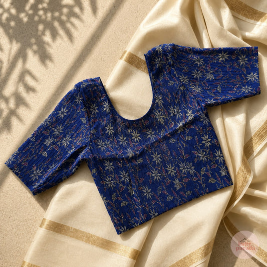Floral Blue Stretchable Festive Blouse | Ready-to-Wear Blouse