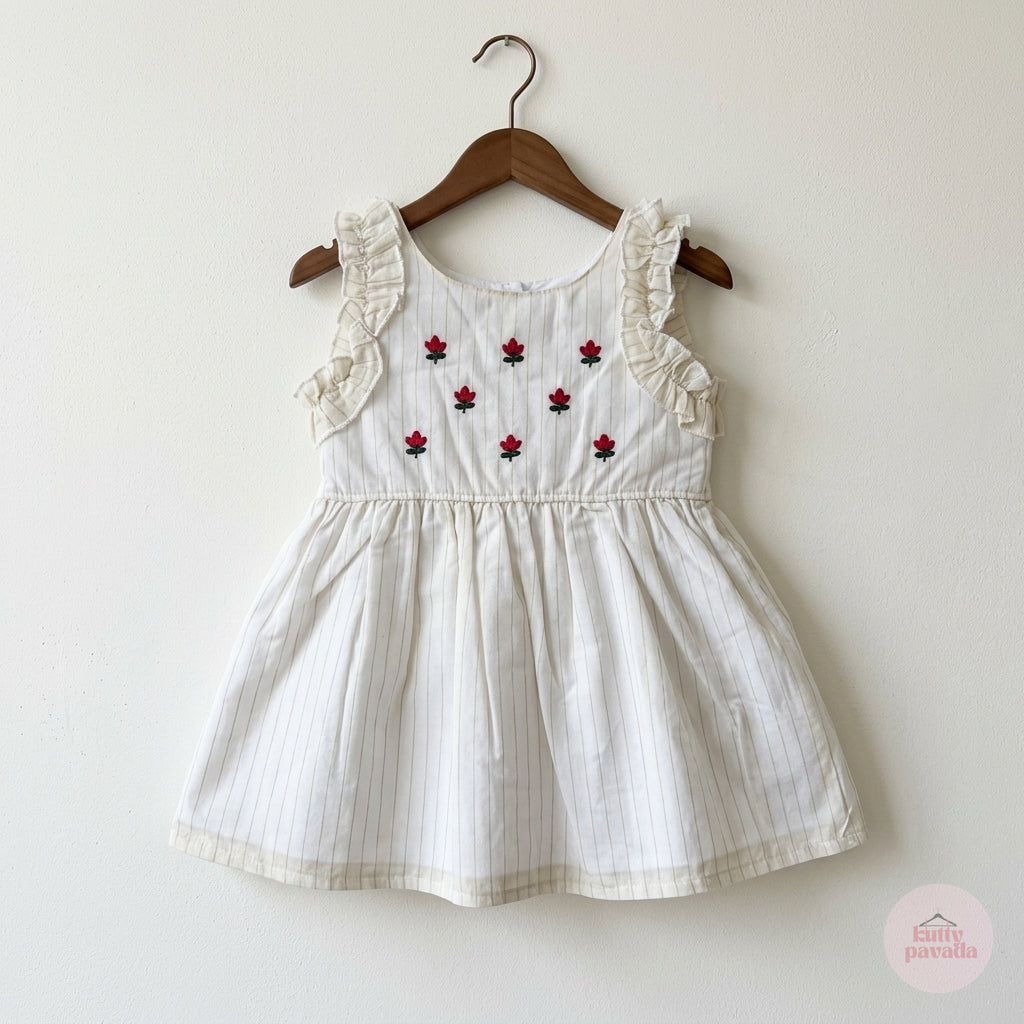 A sleeveless white baby dress with delicate vertical pinstripes, ruffled shoulder straps, and embroidered red rose motifs on the bodice, hanging on a wooden hanger against a plain off-white wall.