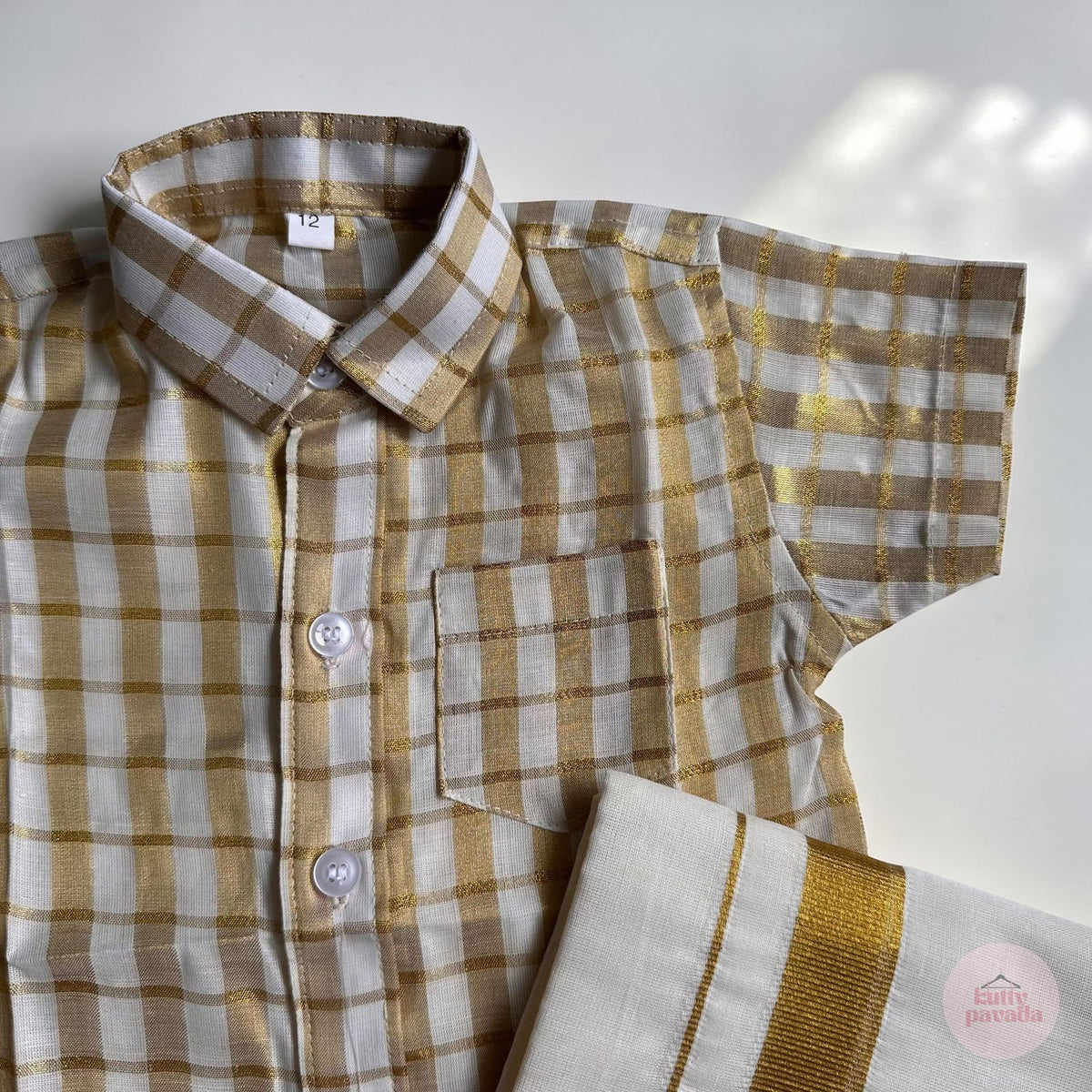 Gold Checkered Shirt & Kasavu Mundu Set