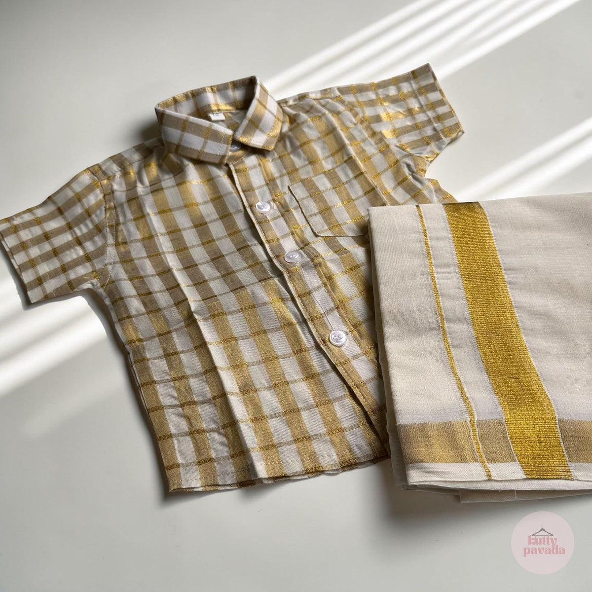 Gold Checkered Shirt & Kasavu Mundu Set