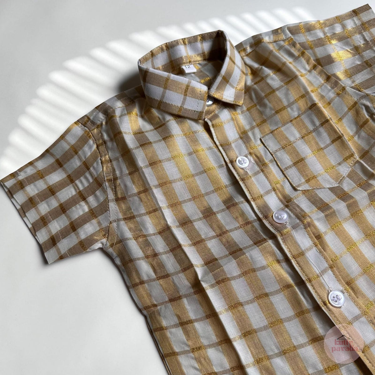 Gold Checkered Shirt & Kasavu Mundu Set