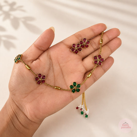 Ruby Green Floral Necklace and Earrings Set