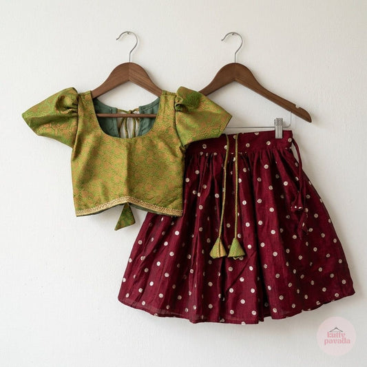 Deep Maroon Pavada with Green Brocade Puff Sleeve Top