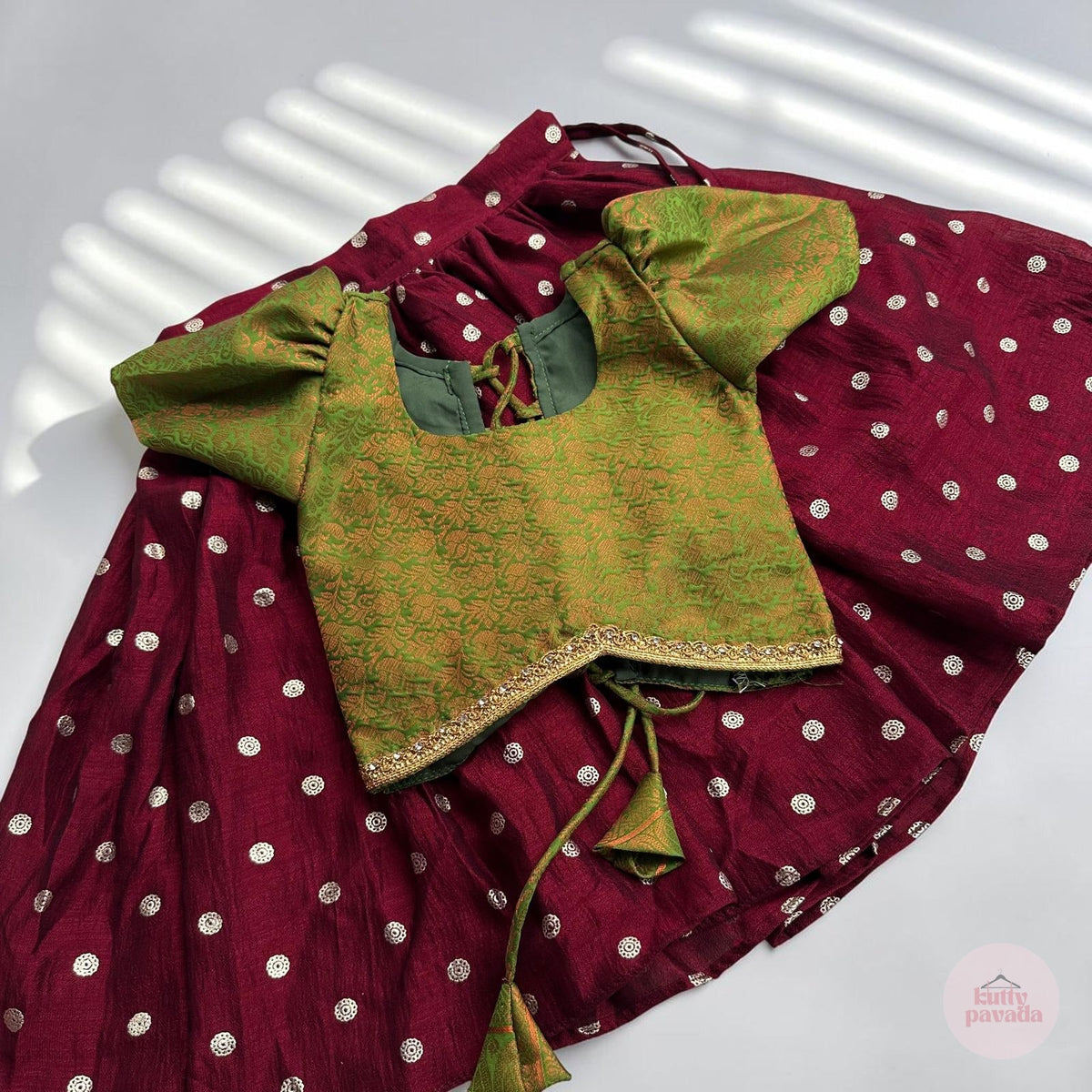 Deep Maroon Pavada with Green Brocade Puff Sleeve Top