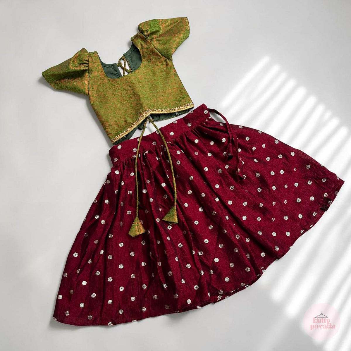 Deep Maroon Pavada with Green Brocade Puff Sleeve Top