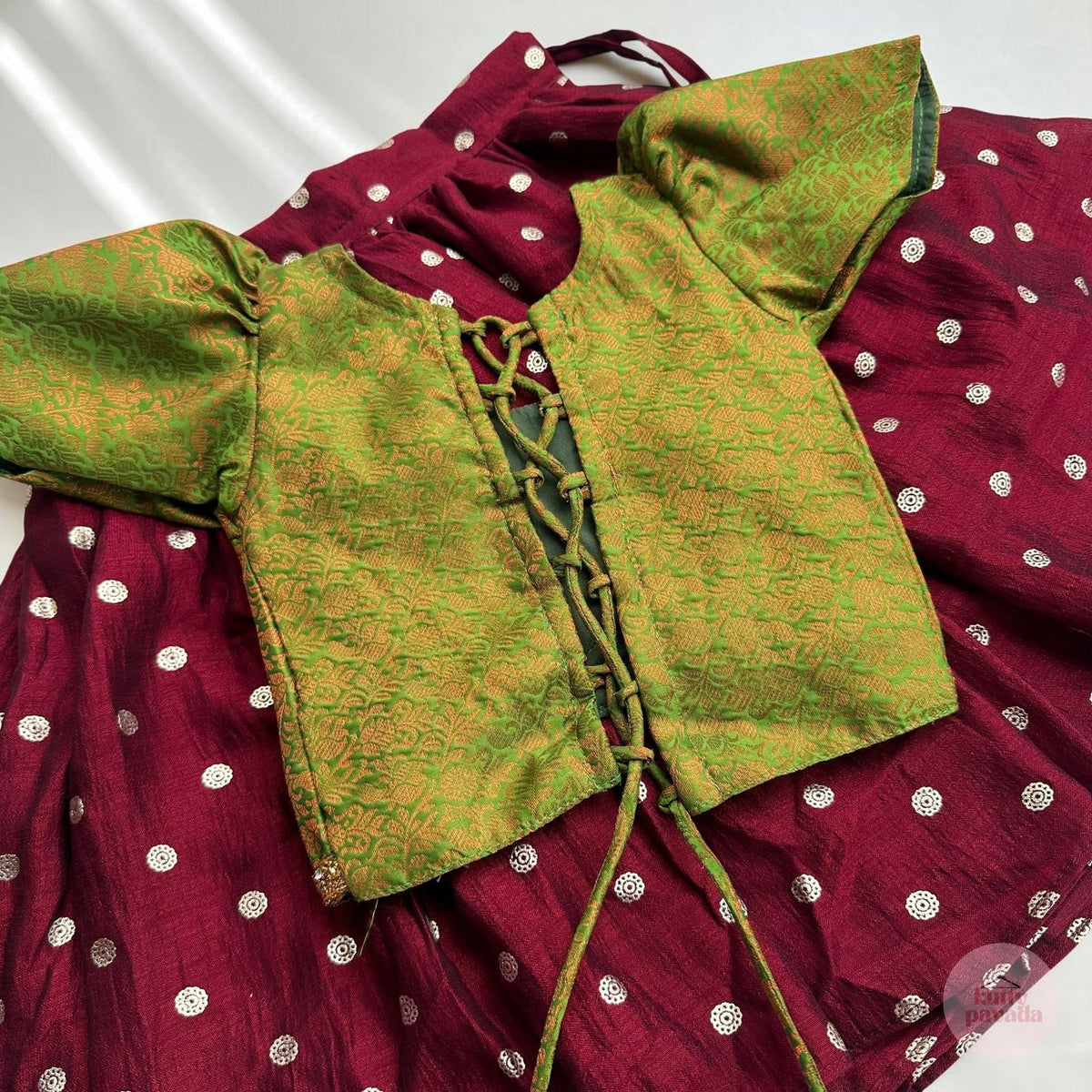 Deep Maroon Pavada with Green Brocade Puff Sleeve Top