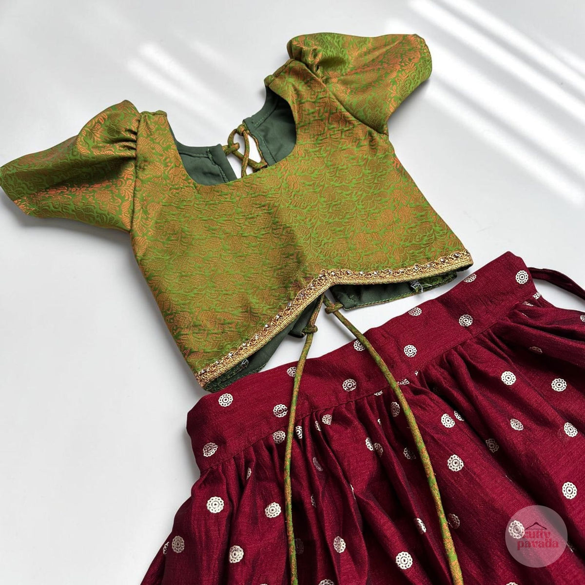 Deep Maroon Pavada with Green Brocade Puff Sleeve Top