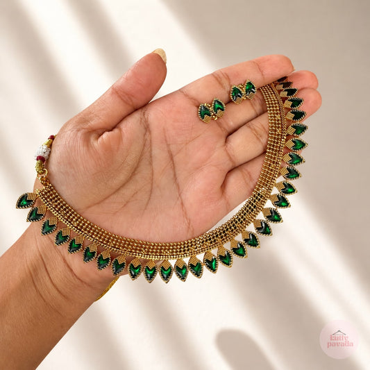 Green Leaf Onam Necklace and Earring Set