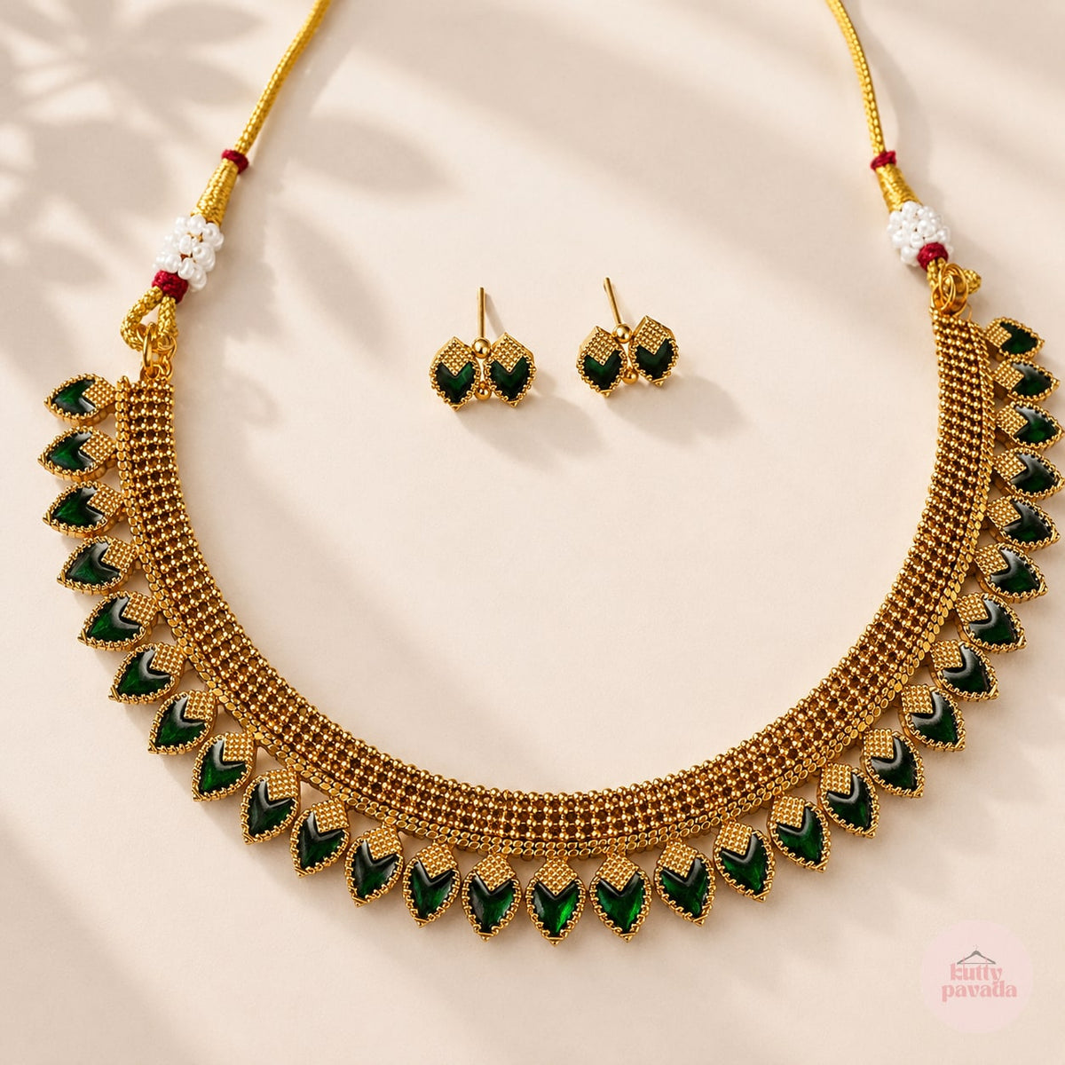 Green Leaf Onam Necklace and Earring Set