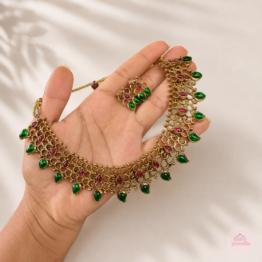 Green Traditional Choker Necklace with Earring Set