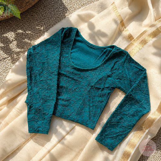 Green Velvet Stretchable Festive Blouse | Ready-to-Wear Cotton Blouse