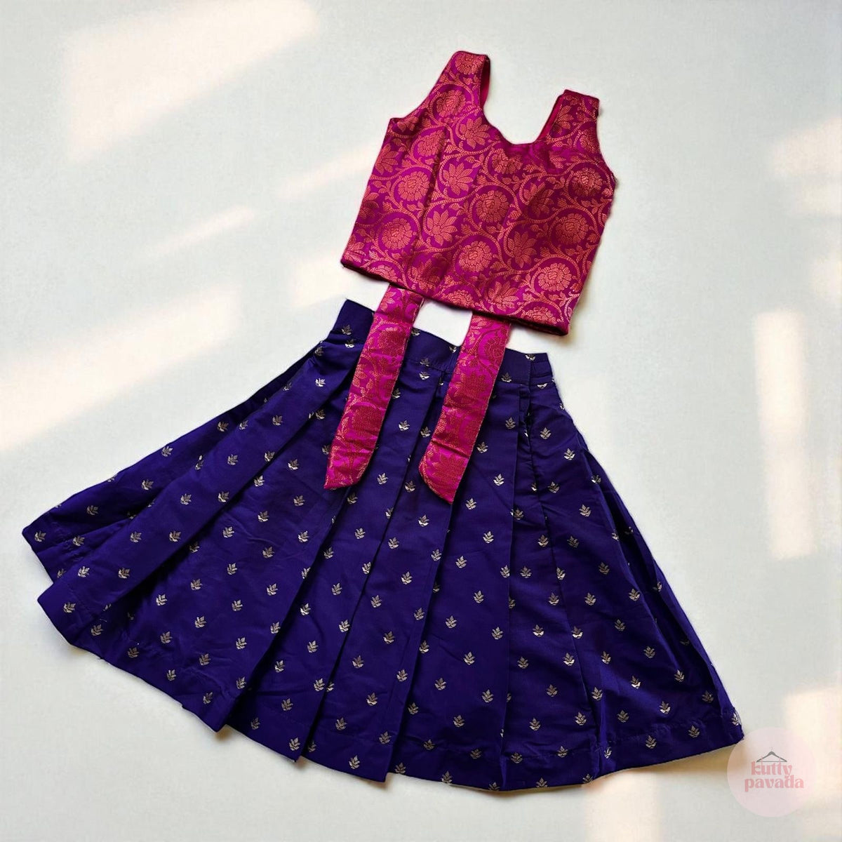 Hot Pink Brocade Bow Top with Deep Violet Skirt