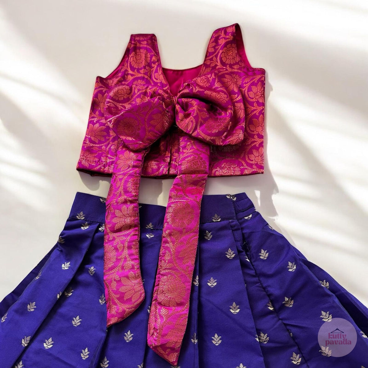 Hot Pink Brocade Bow Top with Deep Violet Skirt
