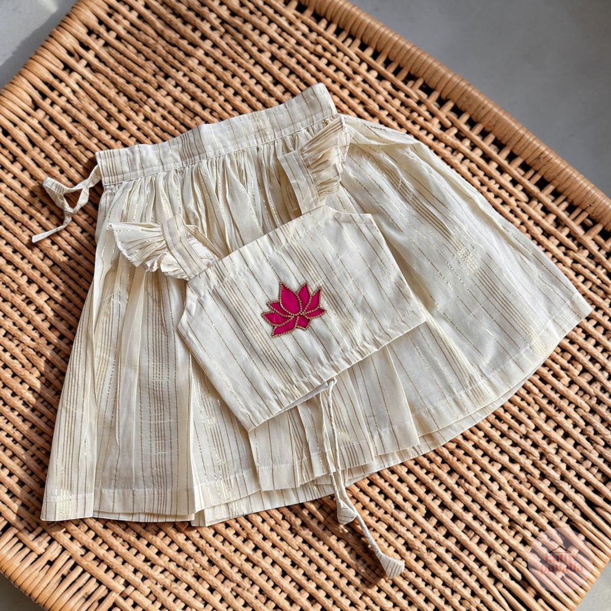 Ivory Gold Striped Pattu Pavada Set with Lotus Detail