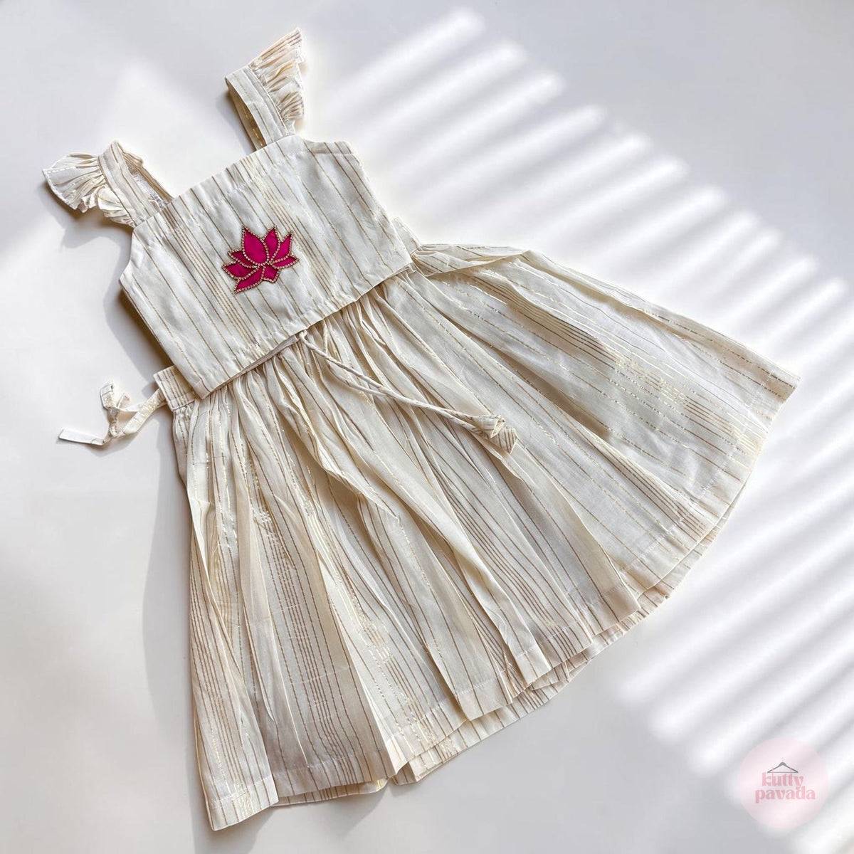 Ivory Gold Striped Pattu Pavada Set with Lotus Detail