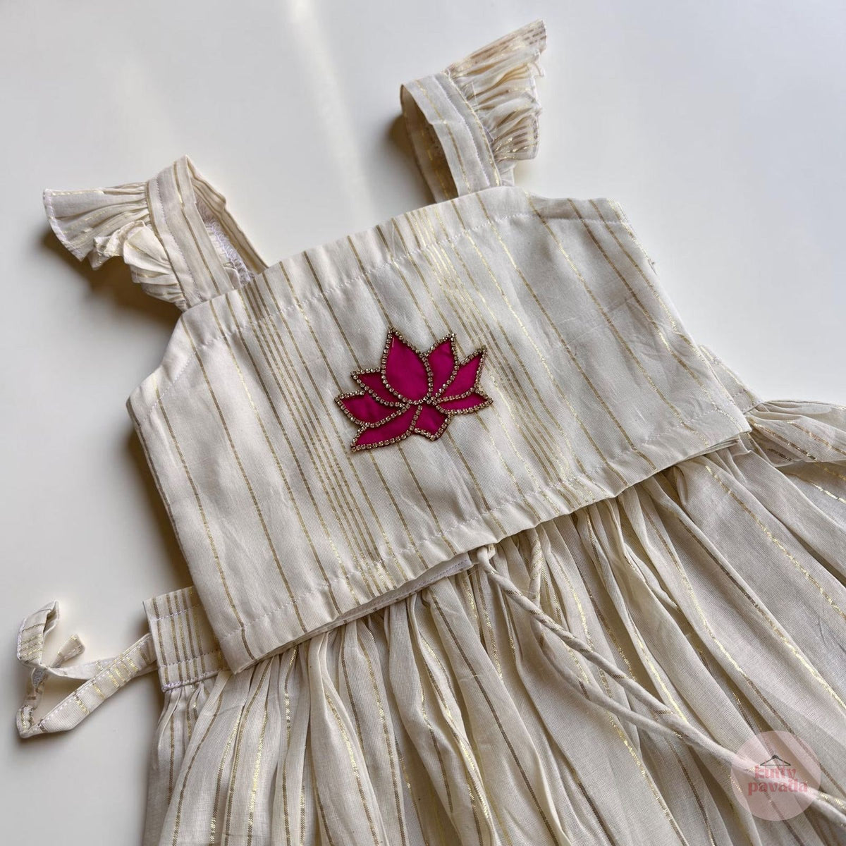 Ivory Gold Striped Pattu Pavada Set with Lotus Detail