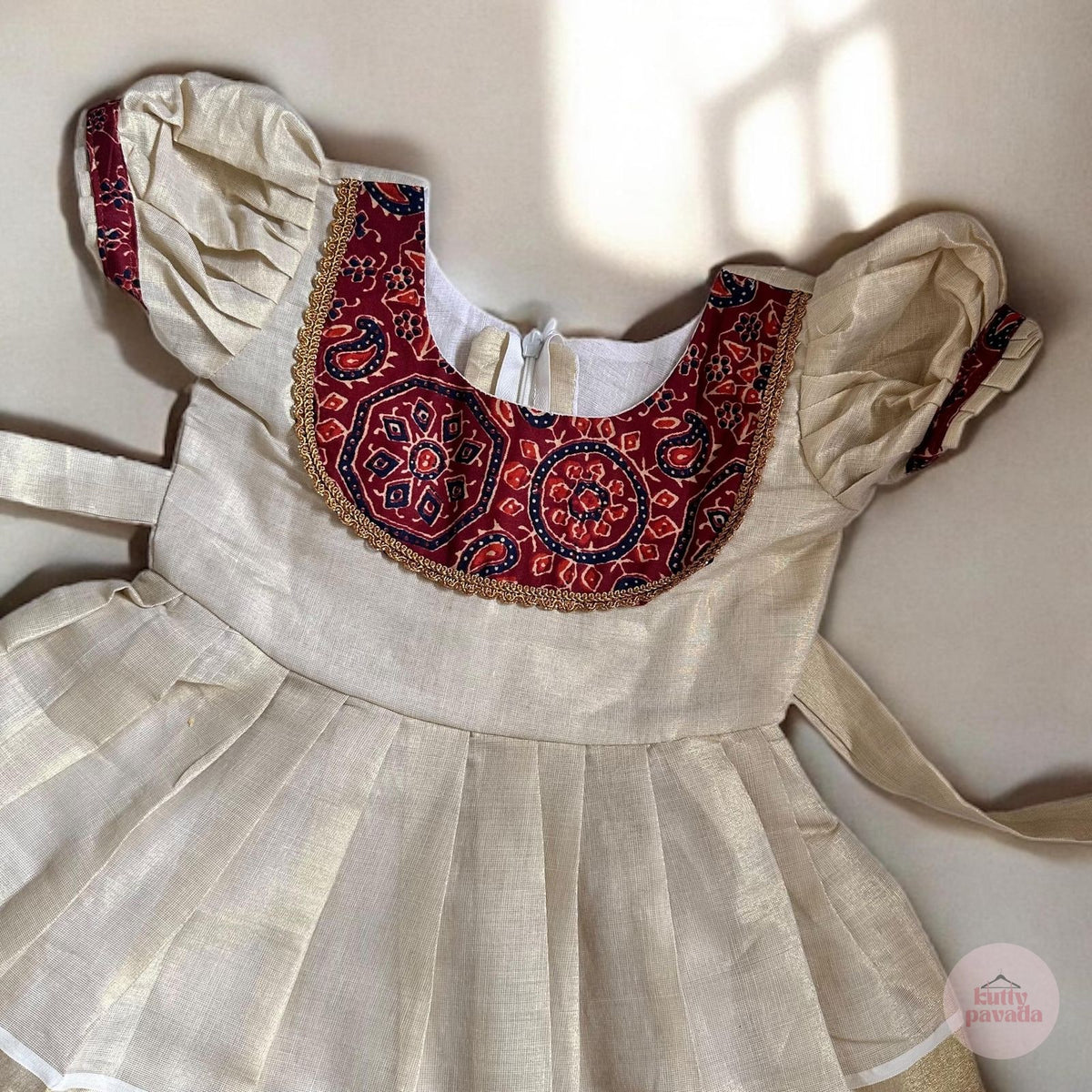 Ajrakh Border Kasavu Frock - Floral