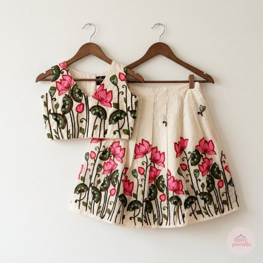 Lotus Embroidery Cotton Girls Skirt and Top Set