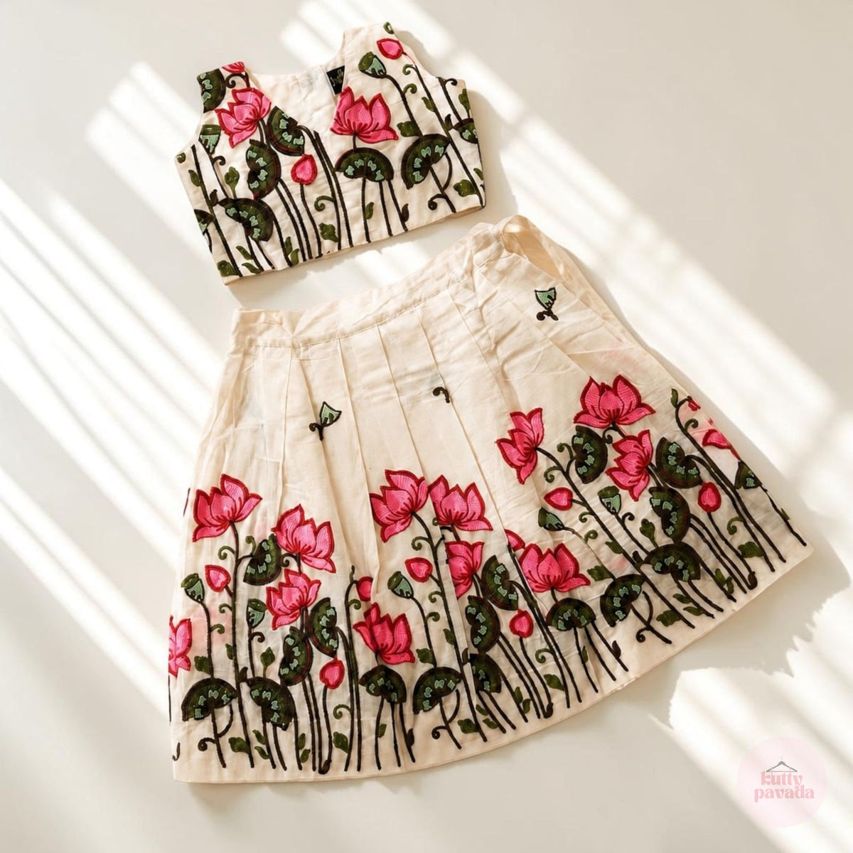 Lotus Embroidery Cotton Girls Skirt and Top Set