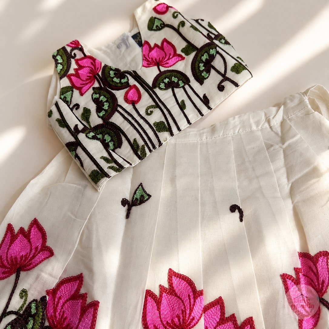 Lotus Embroidery Cotton Girls Skirt and Top Set