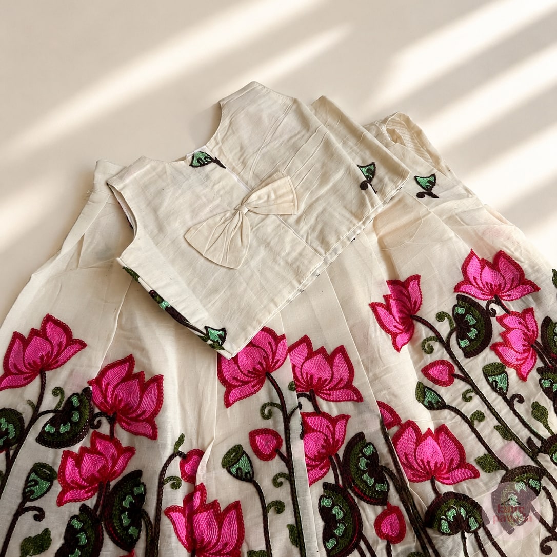 Lotus Embroidery Cotton Girls Skirt and Top Set