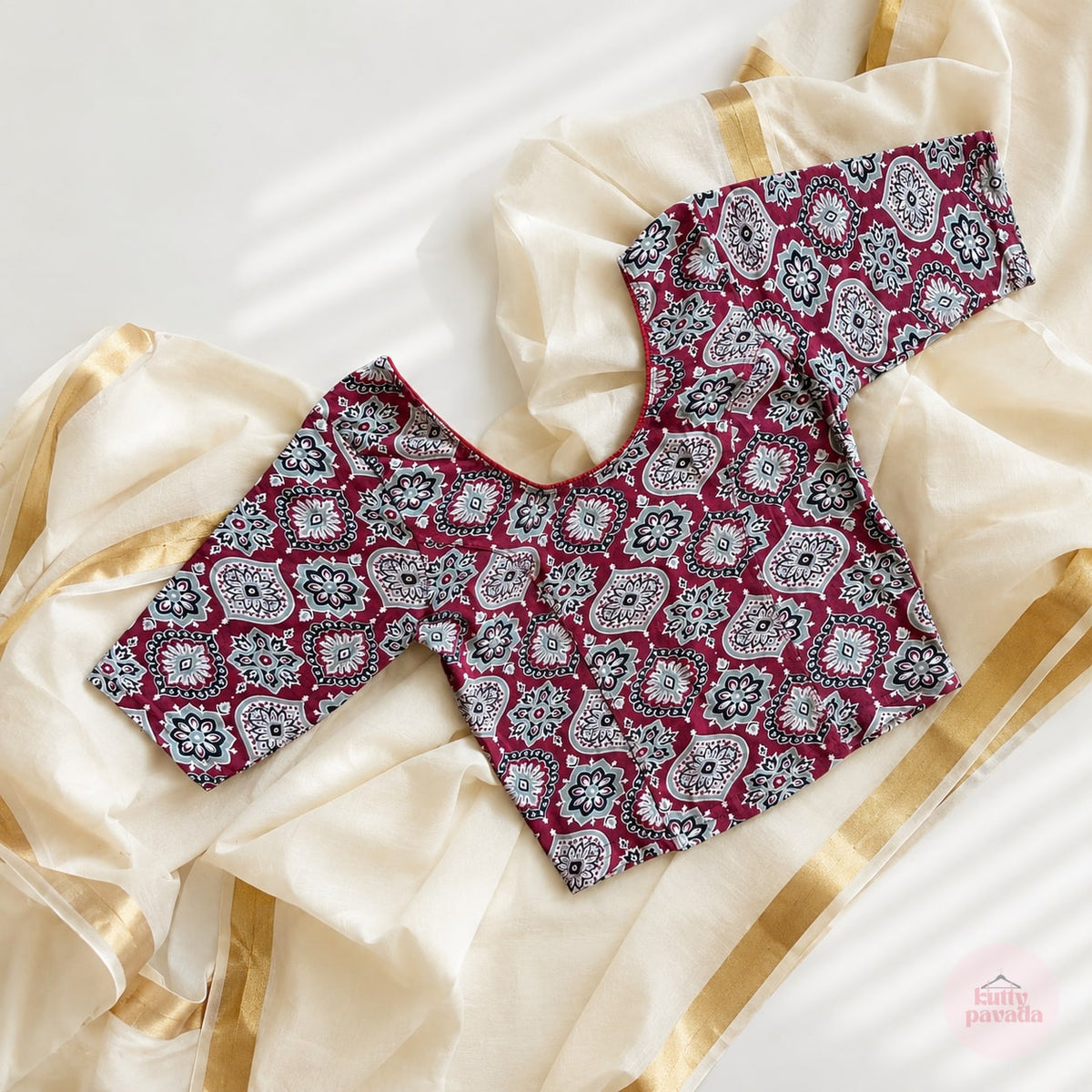 Maroon Ajrakh Stretchable Cotton Blouse | Ready-to-Wear Saree Blouse