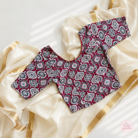 Maroon Ajrakh Stretchable Cotton Blouse | Ready-to-Wear Saree Blouse