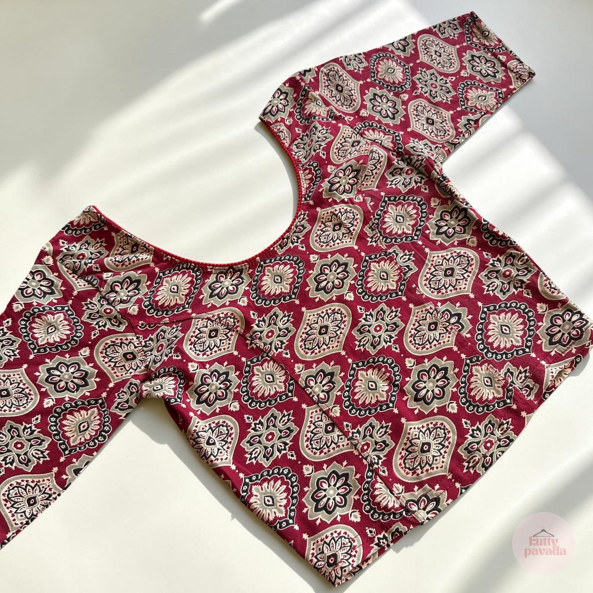 Maroon Ajrakh Stretchable Cotton Blouse | Ready-to-Wear Saree Blouse