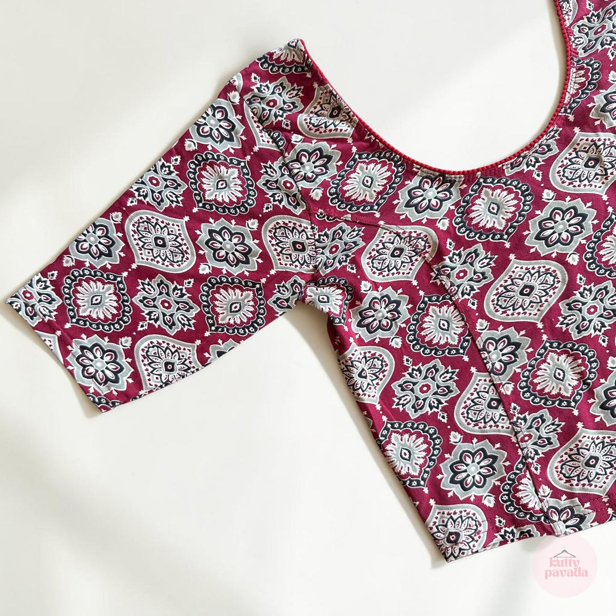 Maroon Ajrakh Stretchable Cotton Blouse | Ready-to-Wear Saree Blouse